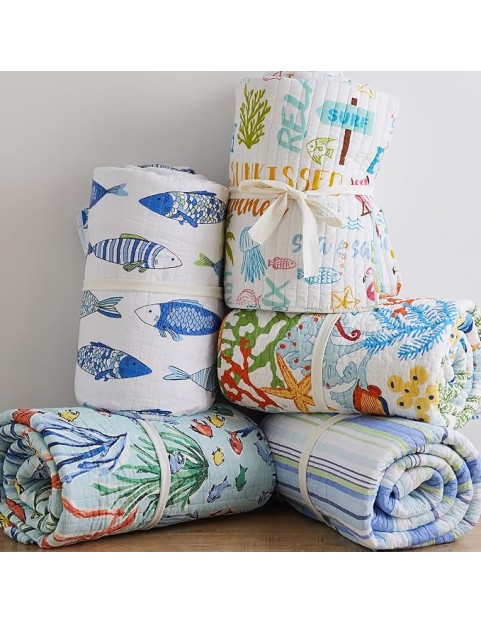 Sancti Petri Quilt Set - King/Cal King Quilt + Two King Pillow Shams - Coastal - Yellow Blue Green Coral - Quilt Size (106x92in.) and Pillow Sham Size (36x20in.) - Reversible - Cotton