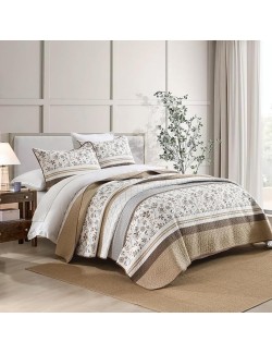 Striped Quilt King Size - Brown Quilt Set with Matching Shams, Vintage Floral Design Farmhouse Bedding Bedspread, 3 Pieces 100% Cotton Lightweight Coverlet Home Decor for All Season