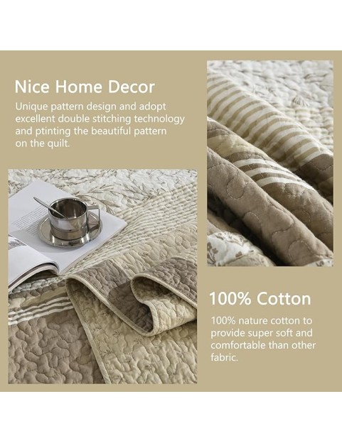 100% Cotton 102"x120" Oversized Queen Bedspread, Queen Size Quilted Bedspread Coverlet Extra Large Quilt Set, Floral Farmhouse XL Bed Spread Lightweight Comforter, Beige/Taupe/Cream, 3 pcs