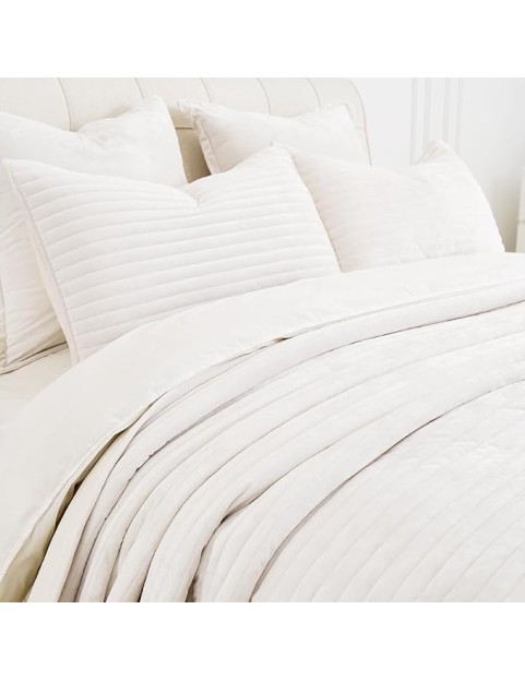 3 Pieces Luxurious Velvet Oversized King Quilt Bedding Set 106x118 Striped Bedspread Coverlet Quilted Set with 2 Pillow Shams 20x36 Ultra Soft Comforter for All Season, Cream