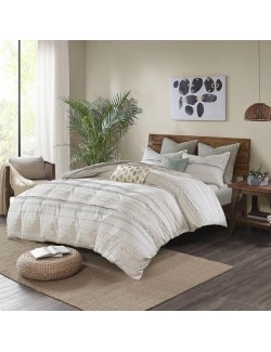 Cotton Printed Duvet Cover Set with Tassel Trims, Machine Washable, Includes Duvet Cover and 2 Shams, Full/Queen Size